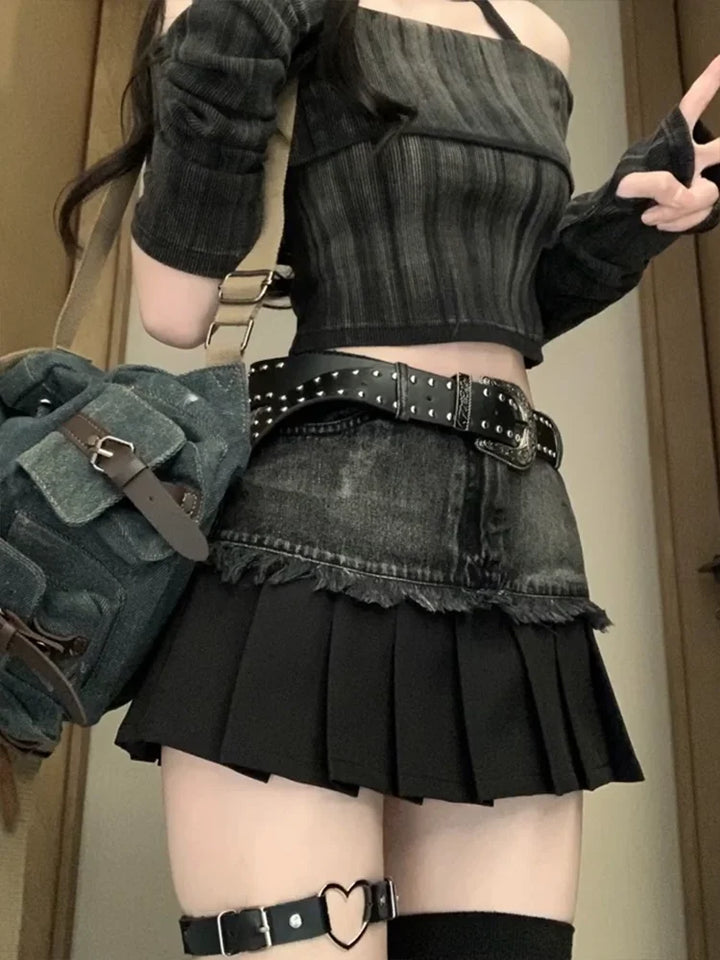 Y2k Gothic Pleated Denim Skirt Dark Tiger