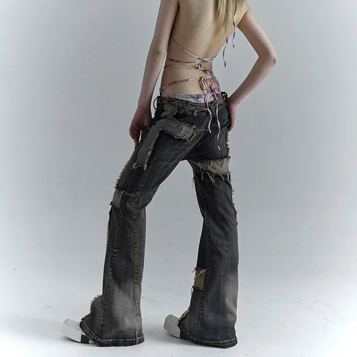 Grunge Distressed Patchwork Jeans Dark Tiger