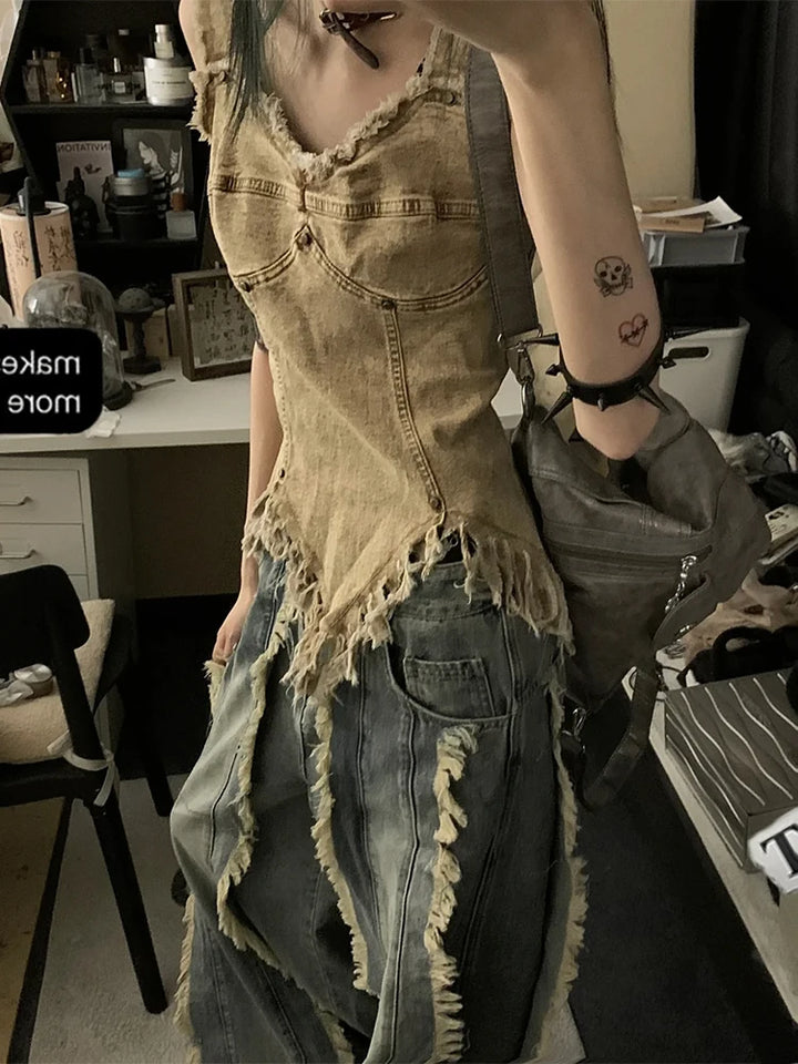 Vintage Washed Denim Top Dark Tiger