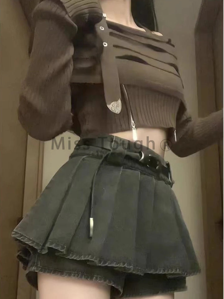 Korean Y2K Outfit Set - Longsleeve Top & Mini Skirt Dark Tiger