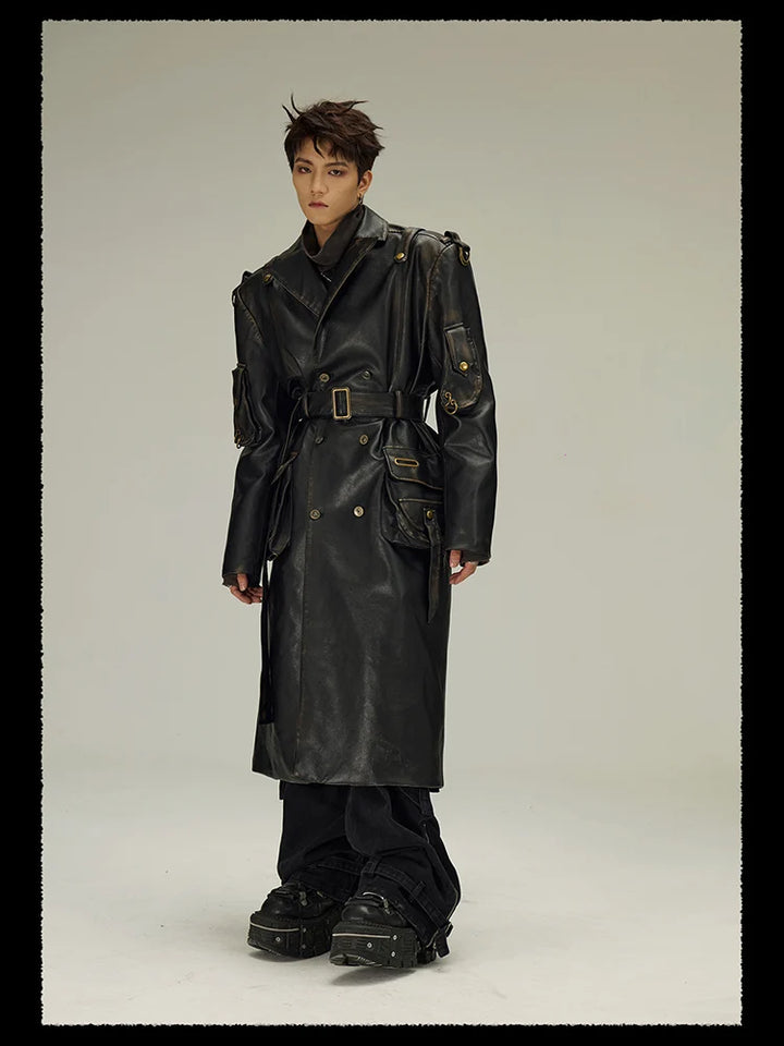 Vintage Distressed Eco-Leather Trench Coat Dark Tiger