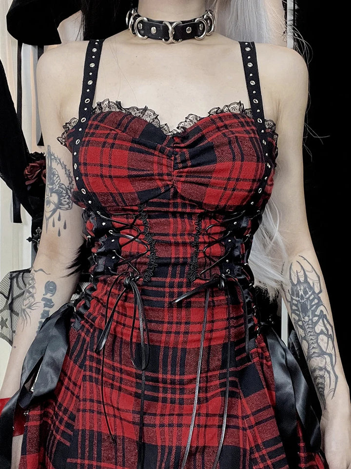 Goth Red Plaid Dress Dark Tiger