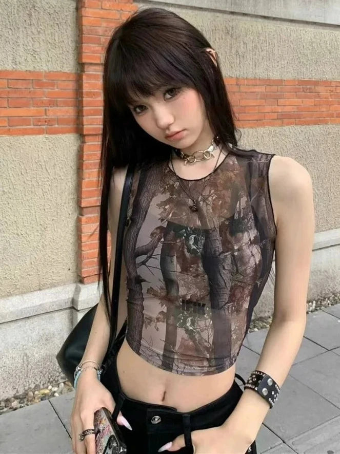 Y2k See Through Sleeveless Printed Top Dark Tiger