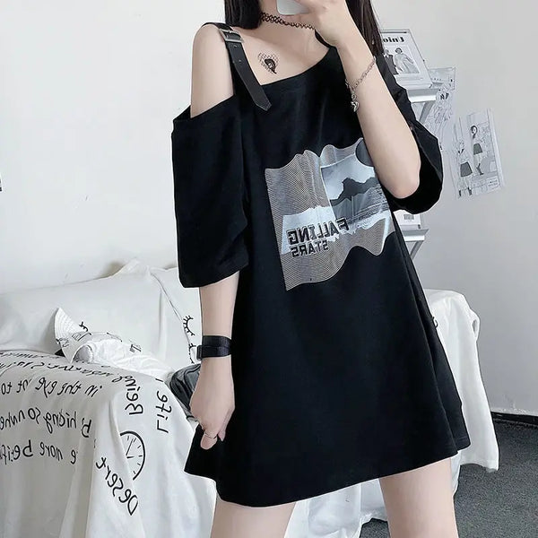 Oversized Off Shoulder Korean T-Shirt Dark Tiger