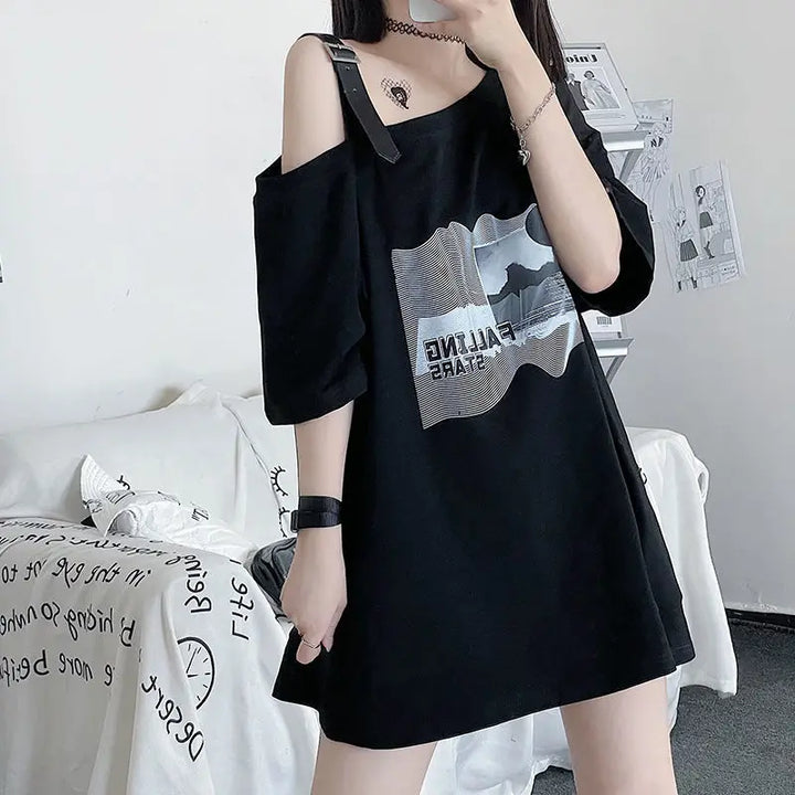 Oversized Off Shoulder Korean T-Shirt Dark Tiger