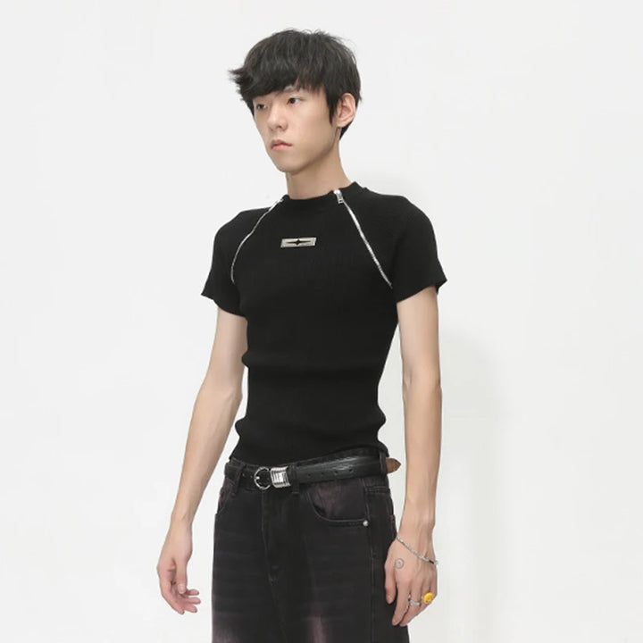 Short-sleeve Knitted Zipper T-Shirt Dark Tiger