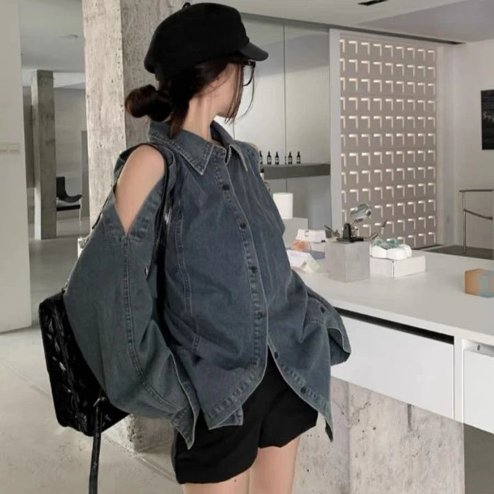 Retro Open Shoulders Oversized Denim Shirt Dark Tiger