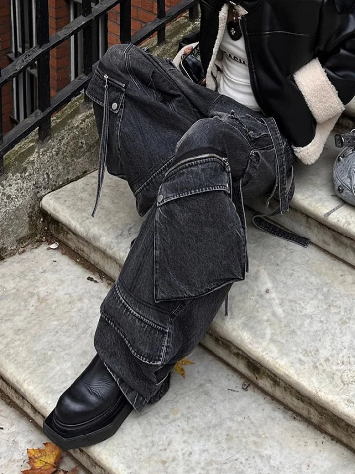 Y2K Washed Baggy Cargo Jeans Dark Tiger