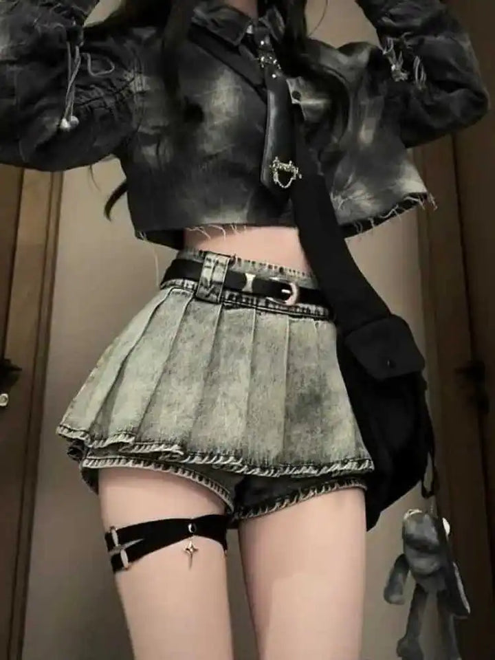 Korean E-Girl Denim Mini Skirt Dark Tiger