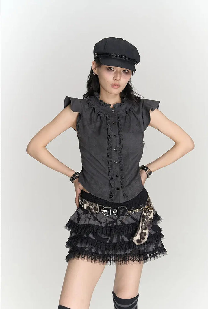 Japanese Flying Sleeve Ruffles Top Dark Tiger