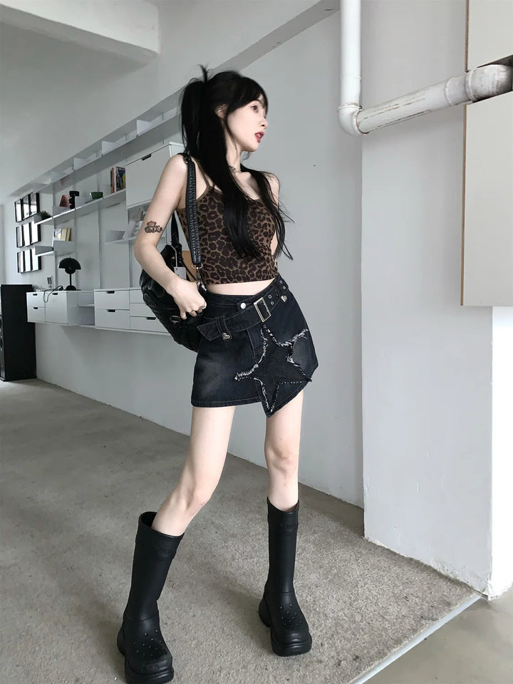 Y2k Denim Asymmetrical Mini Skirt Dark Tiger