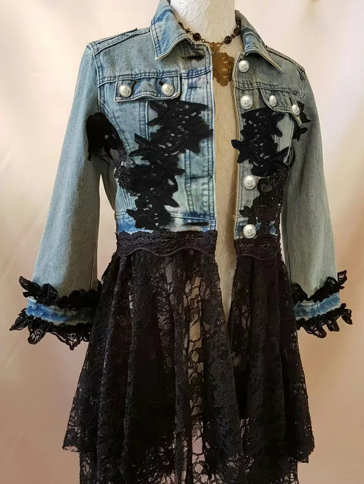 Irregular Guipure Patchwork Denim Jacket Dark Tiger