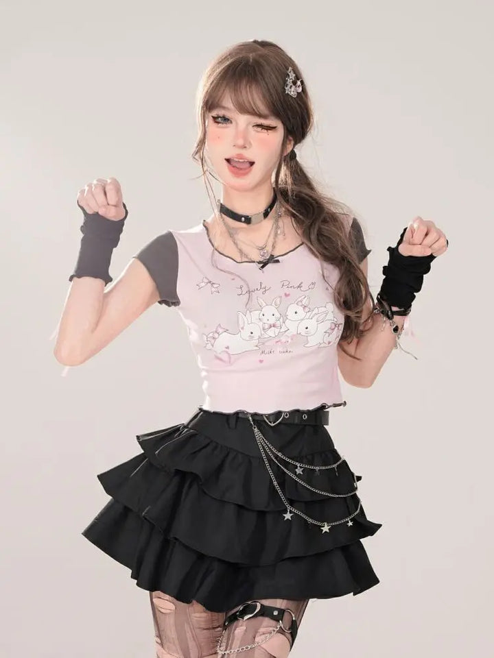 Women Black Gothic A-line Cake Skirt Vintage Y2k Skirt Aesthetic Harajuku Korean Elegant Kawaii Emo Skirts 2000s Trashy Clothes Dark Tiger