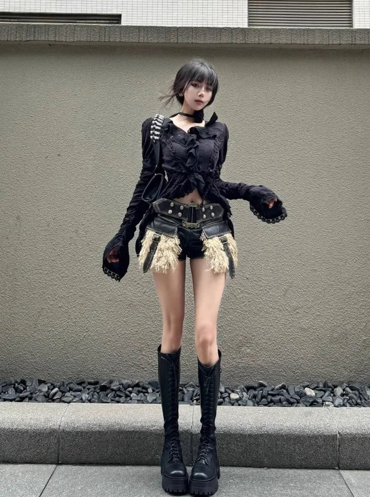 Y2K Slim Ruffle Blouse Dark Tiger