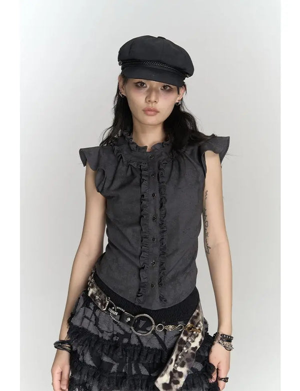 Japanese Flying Sleeve Ruffles Top Dark Tiger