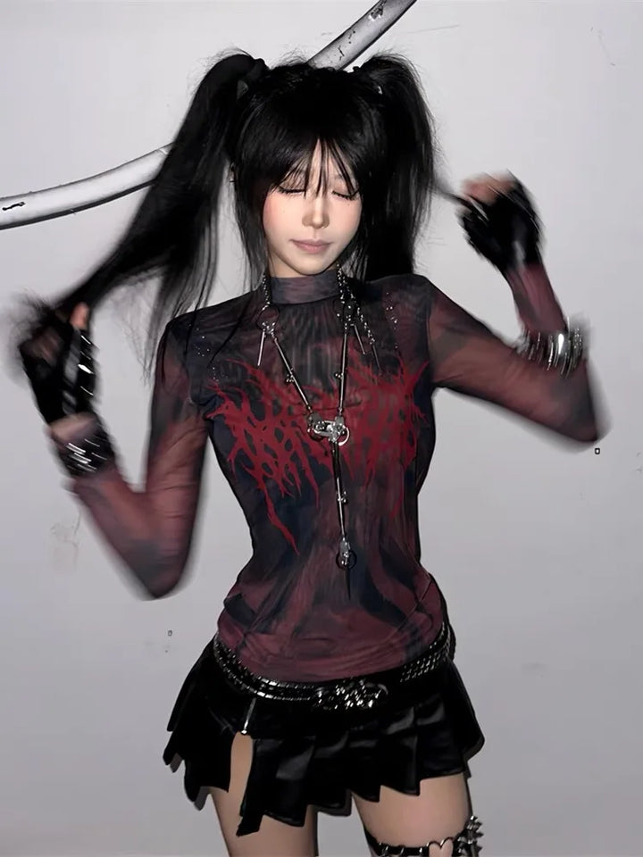 Dark 2000s Mesh Longsleeve Top Dark Tiger