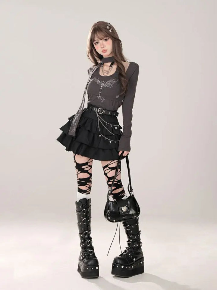 Women Black Gothic A-line Cake Skirt Vintage Y2k Skirt Aesthetic Harajuku Korean Elegant Kawaii Emo Skirts 2000s Trashy Clothes Dark Tiger