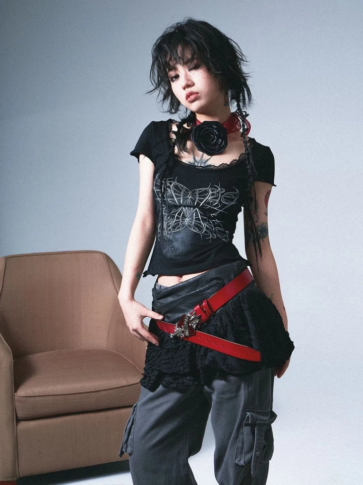 Karrcat Japanese Y2k Tattoo Print T-shirt Grunge Aesthetics Lace Patchwork Short Sleeve T Shirt Vintage Gothic Black Crop Tops Dark Tiger