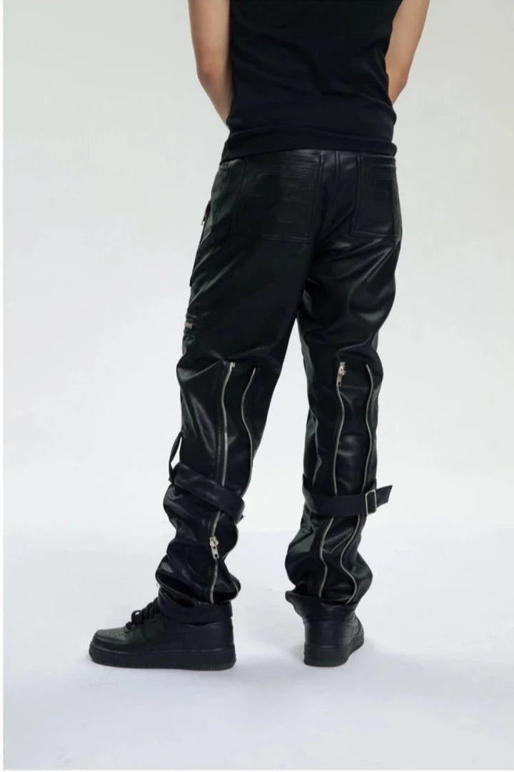 Harajuku Zipper Leather Pants Dark Tiger