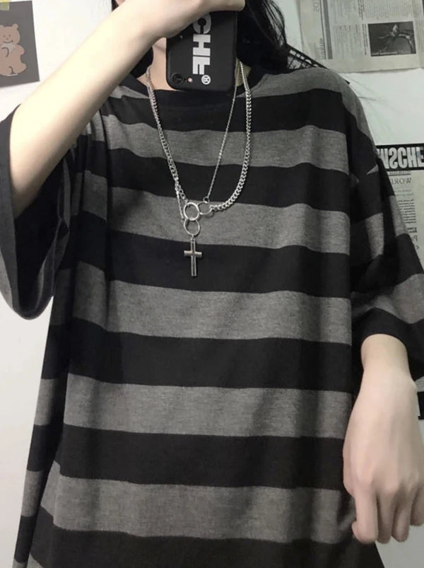 Harajuku Striped Shirts Women Short Sleeve Oversized Shirt Streetwear Gothic T Shirt Couple Tops Summer Striped Blouse Dark Tiger