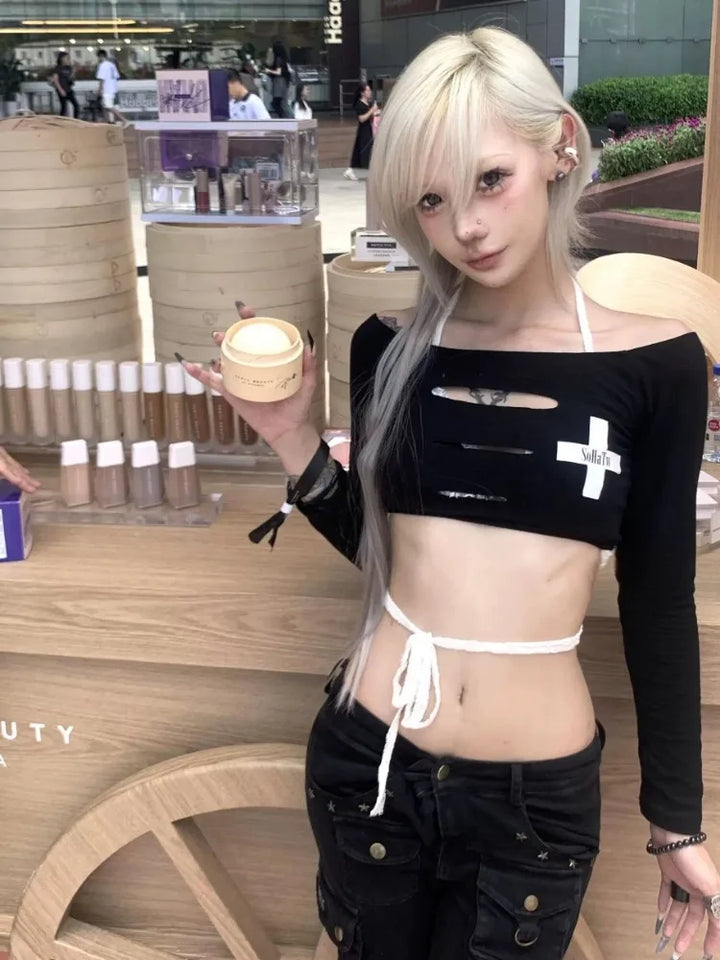 Harajuku Hollow Out Cross Letter Print Women's T-Shirts Y2k Grunge Slash Neck Tees Sexy Slim All Match Long Sleeve Crop Top Dark Tiger