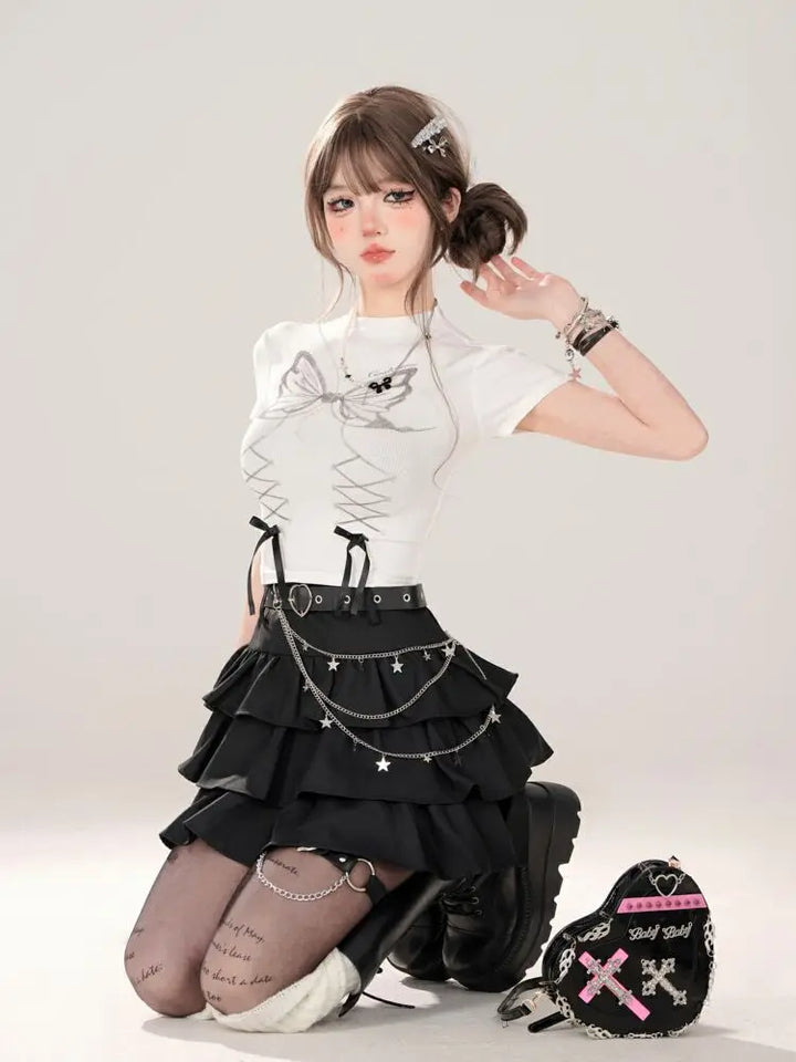 Women Black Gothic A-line Cake Skirt Vintage Y2k Skirt Aesthetic Harajuku Korean Elegant Kawaii Emo Skirts 2000s Trashy Clothes Dark Tiger