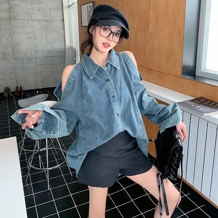 Retro Open Shoulders Oversized Denim Shirt Dark Tiger