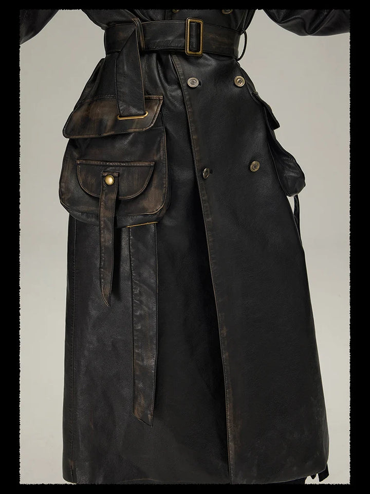 Vintage Distressed Eco-Leather Trench Coat Dark Tiger