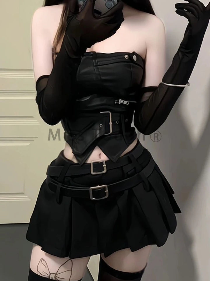 Sweet Y2K Outfit Set - Leather Top & Mini Skirt Dark Tiger