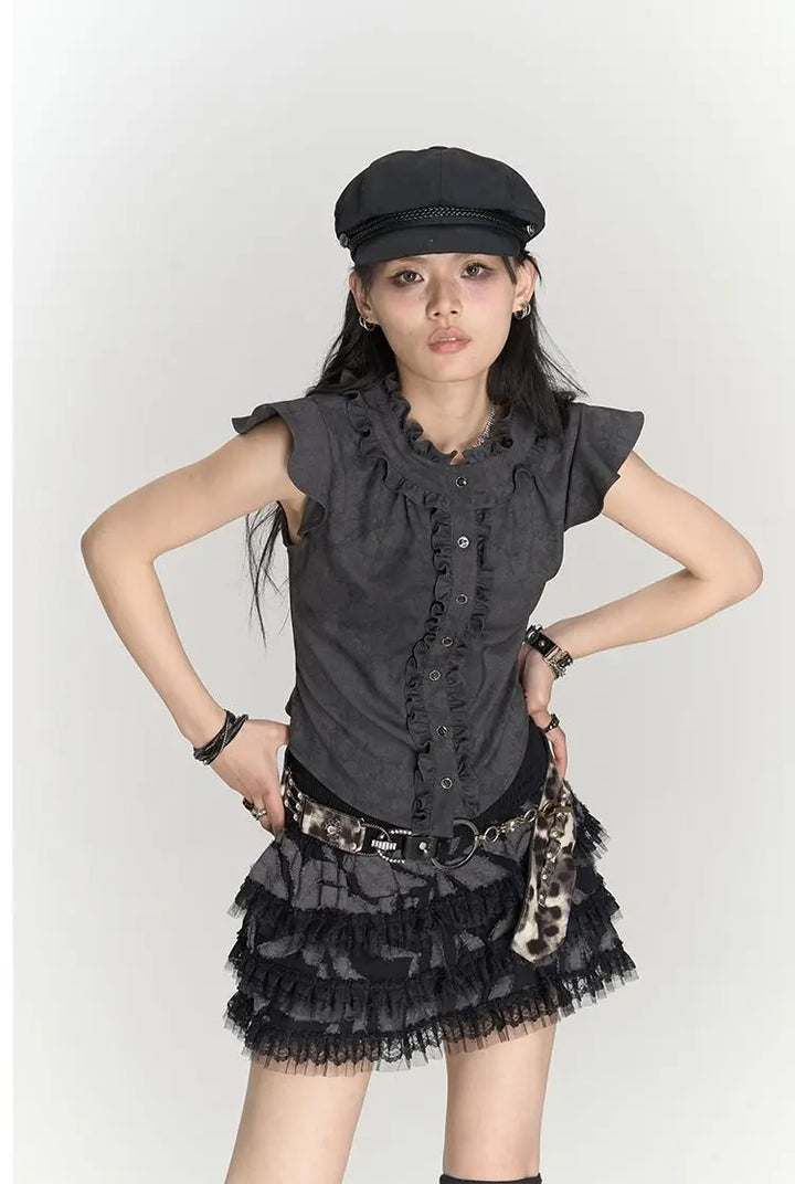 Japanese Flying Sleeve Ruffles Top Dark Tiger