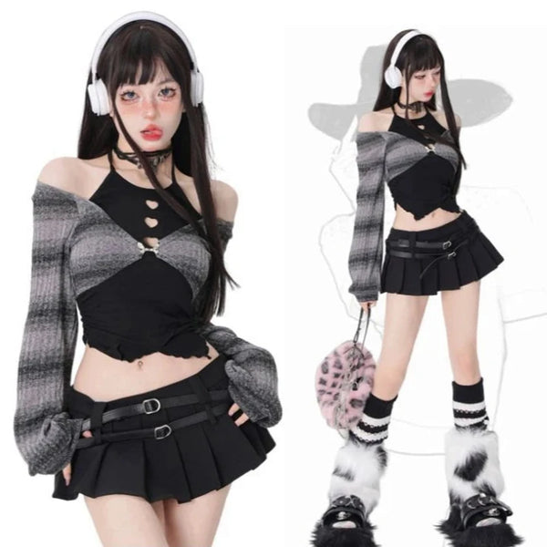 Pastel Gothic Retro Outfit Set - Short Skirt & Cardigan Dark Tiger