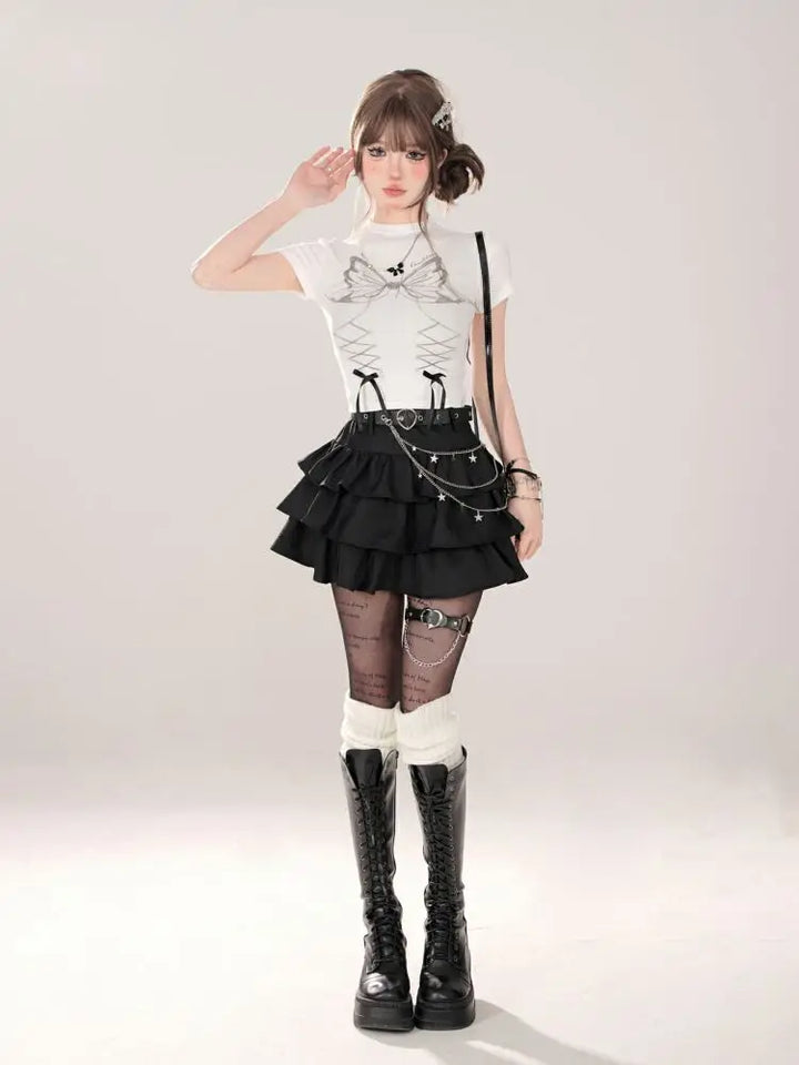 Women Black Gothic A-line Cake Skirt Vintage Y2k Skirt Aesthetic Harajuku Korean Elegant Kawaii Emo Skirts 2000s Trashy Clothes Dark Tiger