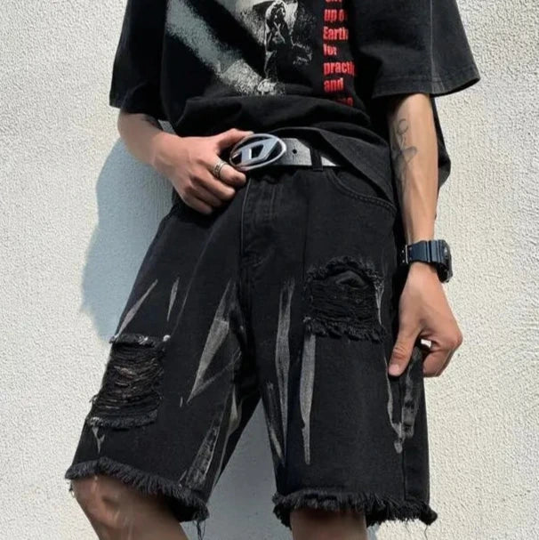 Dark Grunge Ripped Shorts Dark Tiger