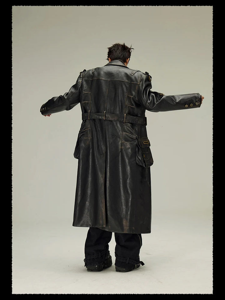 Vintage Distressed Eco-Leather Trench Coat Dark Tiger