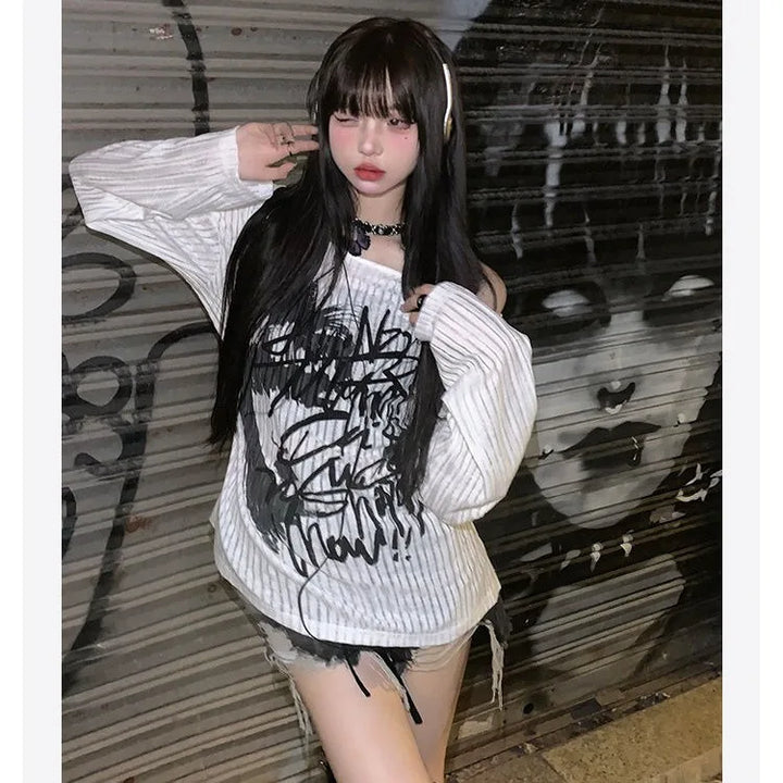 Oversized Off Shoulder Printed Long Sleeve Dark Tiger