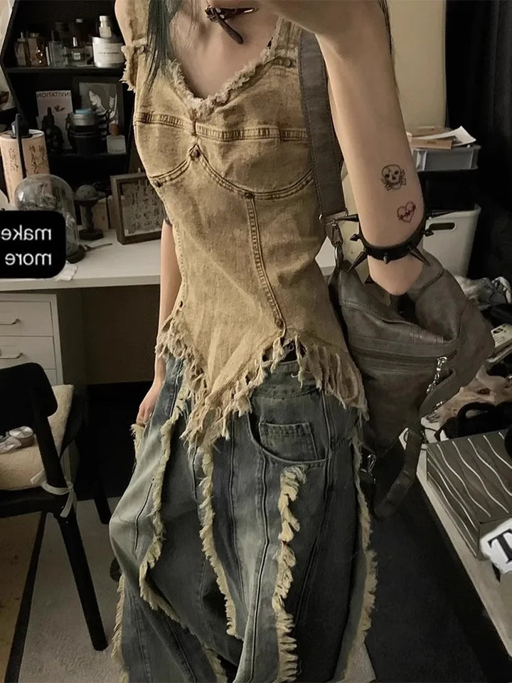 Vintage Washed Denim Top Dark Tiger