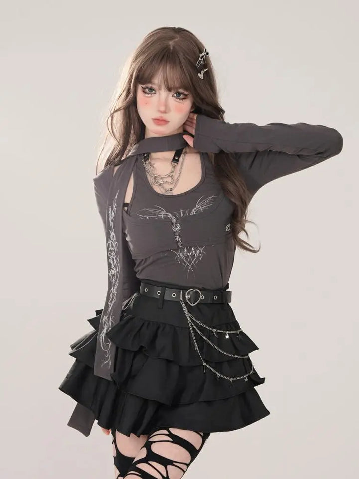 Women Black Gothic A-line Cake Skirt Vintage Y2k Skirt Aesthetic Harajuku Korean Elegant Kawaii Emo Skirts 2000s Trashy Clothes Dark Tiger