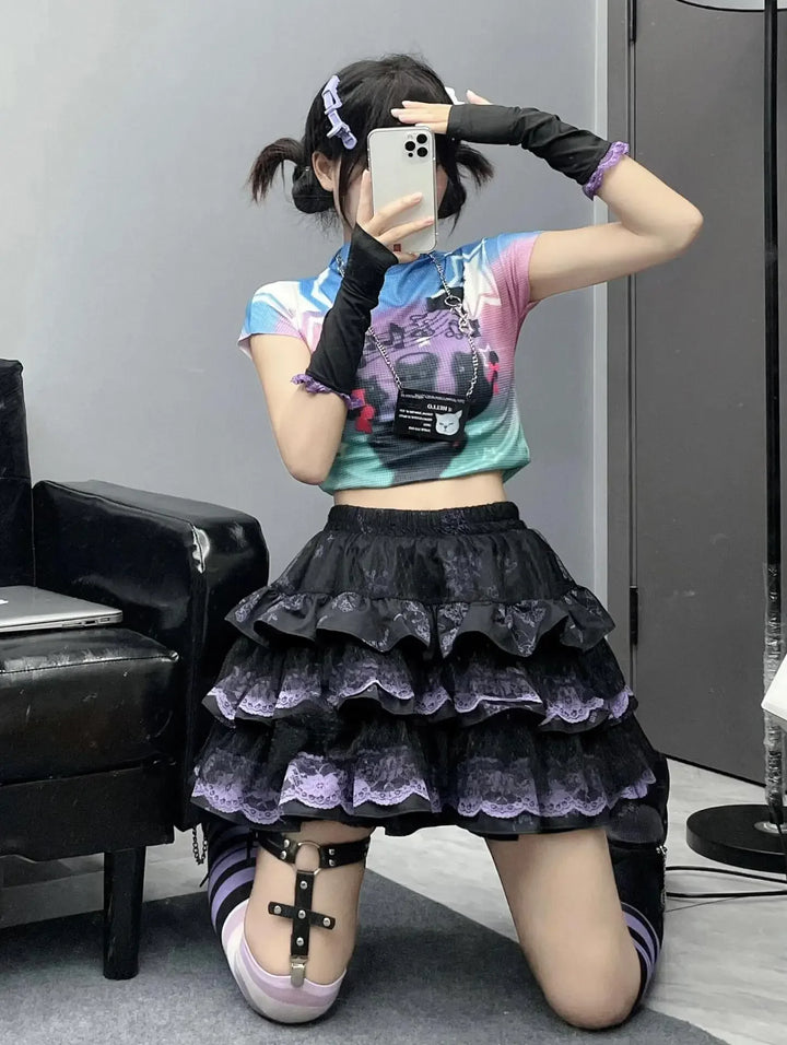 Japanese Harajuku Layered Lace Skirt Dark Tiger