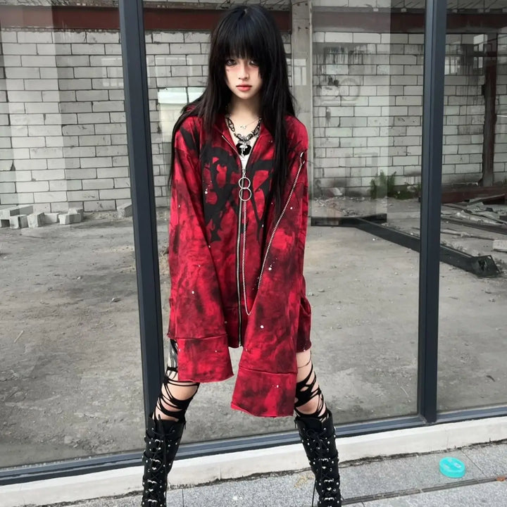 Y2K Oversized Zip Hoodie Dark Tiger