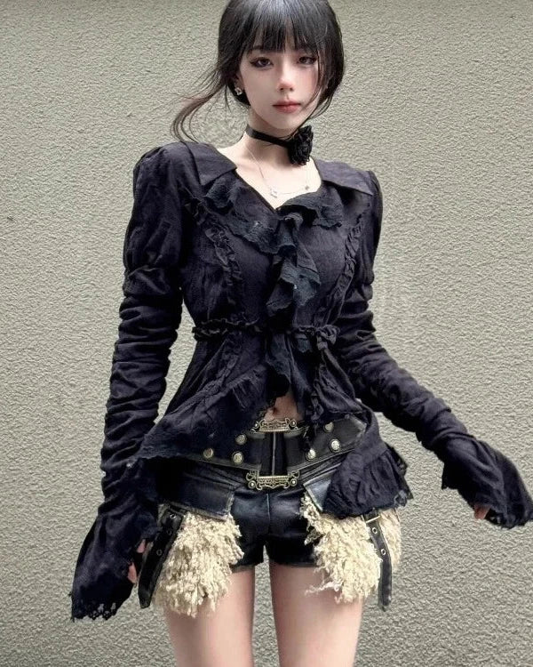 Y2K Slim Ruffle Blouse Dark Tiger