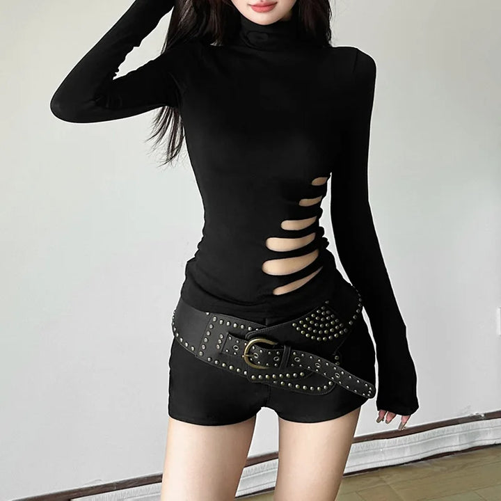 Goth Dark Alt Techwear Autumn Chic Y2k High Neck Long Sleeve Pullover Tops Sexy Hollow Out Solid T-shirt Women Slim Gothic Cloth Dark Tiger