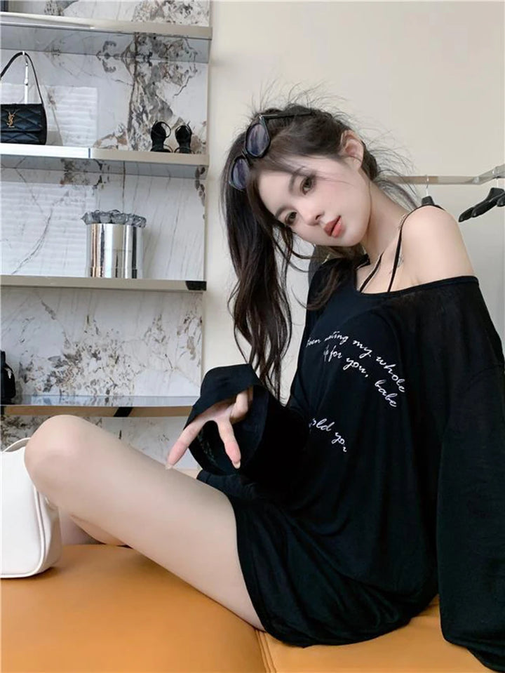 Oversized Off Shoulder Korean See Through Top Dark Tiger