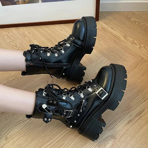 Retro Biker Platform Boots Dark Tiger