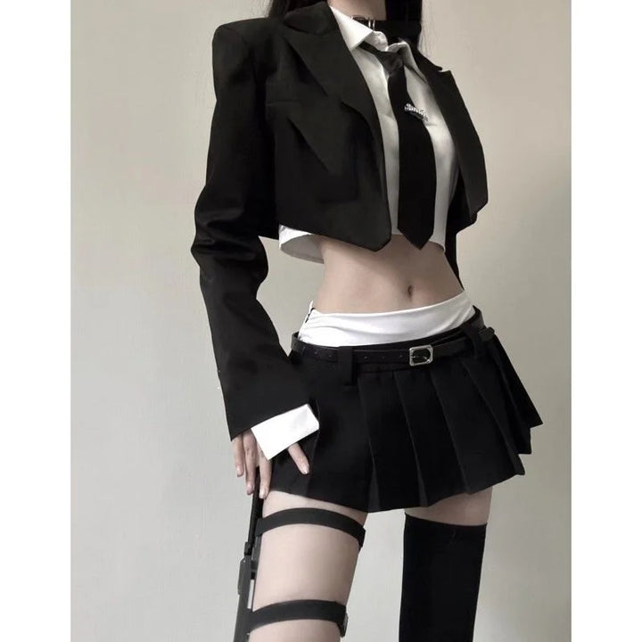 Korean Vintage Short Outfit Set — Blazer, Shirt & Skirt Dark Tiger