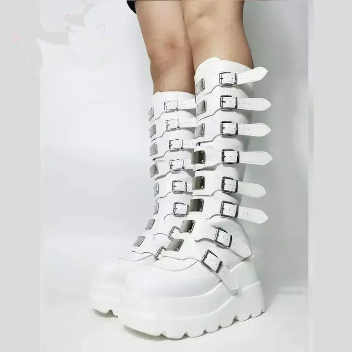 Punk Knee High Biker Boots Dark Tiger