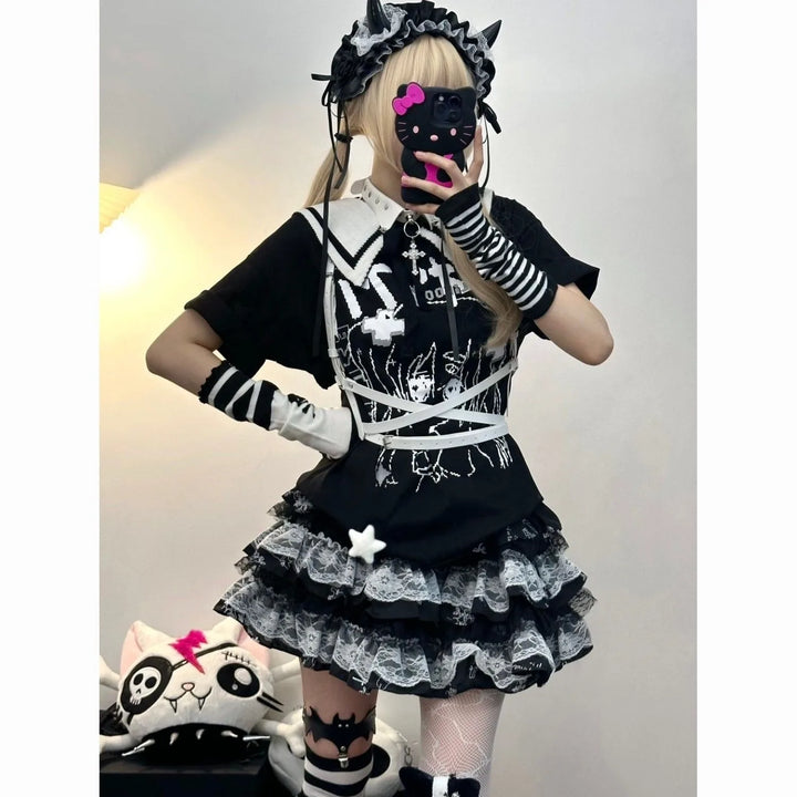 Japanese Harajuku Layered Lace Skirt Dark Tiger