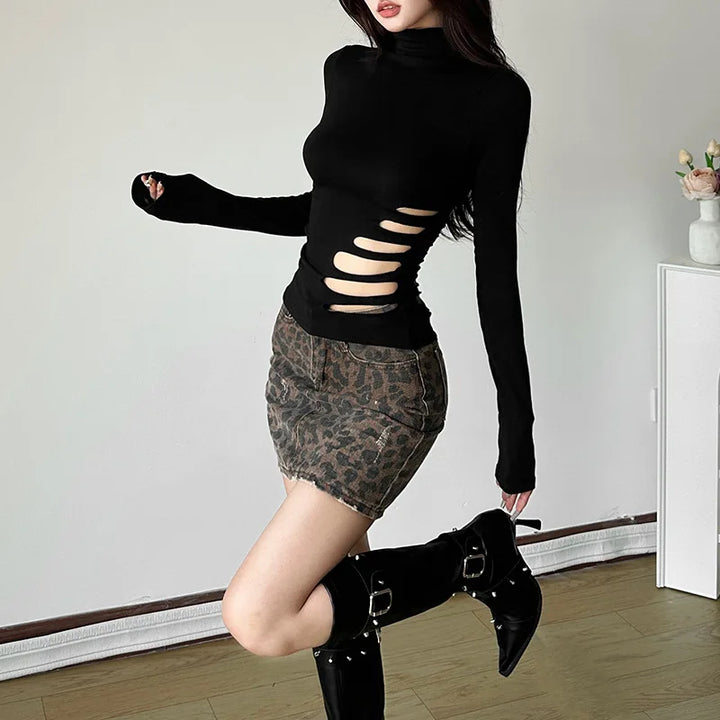 Goth Dark Alt Techwear Autumn Chic Y2k High Neck Long Sleeve Pullover Tops Sexy Hollow Out Solid T-shirt Women Slim Gothic Cloth Dark Tiger
