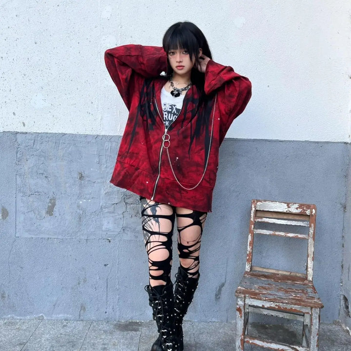 Y2K Oversized Zip Hoodie Dark Tiger