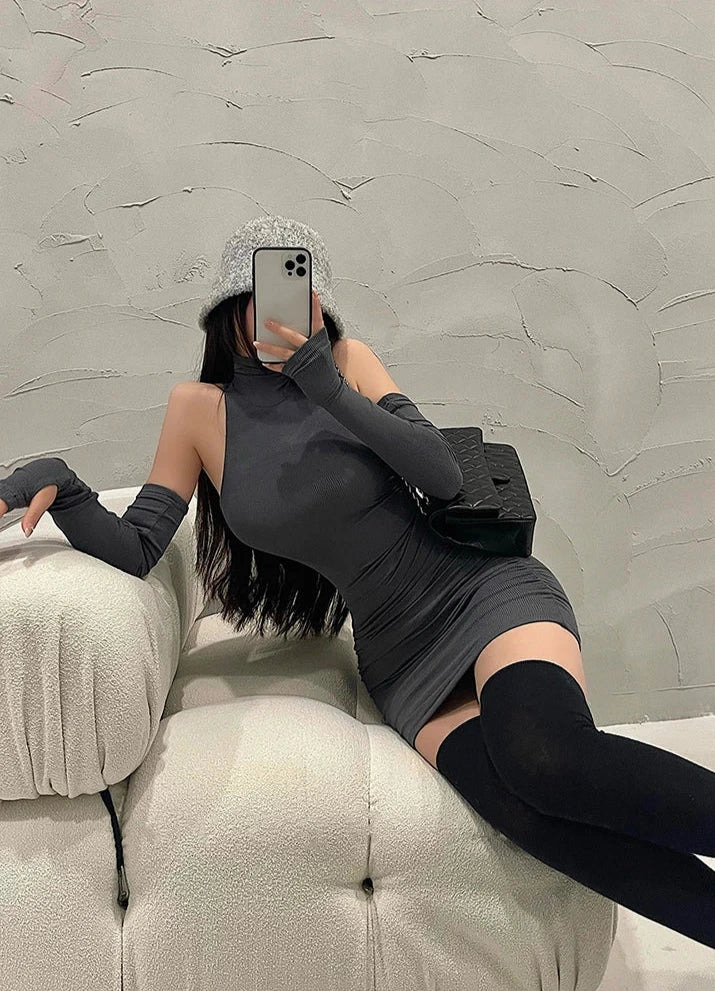 Summer Sexy High Neck Tight Dress Oversleeve Pleated Bottom Wrapped Hip Dress Women Bodycon Dark Tiger