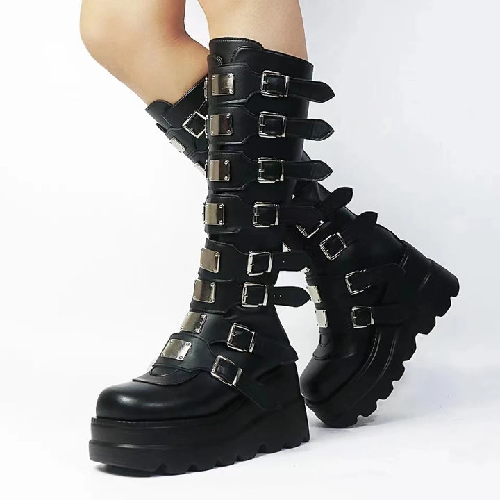 Punk Knee High Biker Boots Dark Tiger